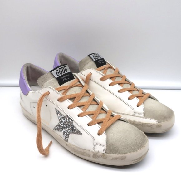 GOLDEN GOOSE SUPERSTAR GLITTER STAR SNEAKERS WHITE/PURPLE LEATHER SIZE 41 - Picture 3 of 11